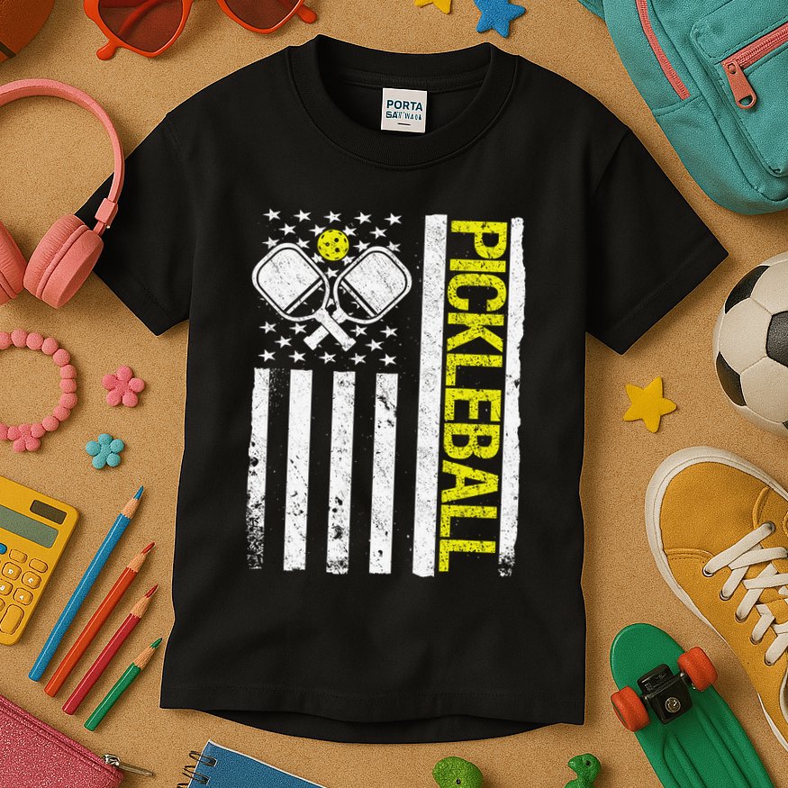 US Flag Pickleball Player Paddleball Lover Kids T-Shirt