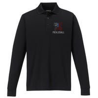 Us Flag Pickleball Player Paddleball Lover Performance Long Sleeve Polo