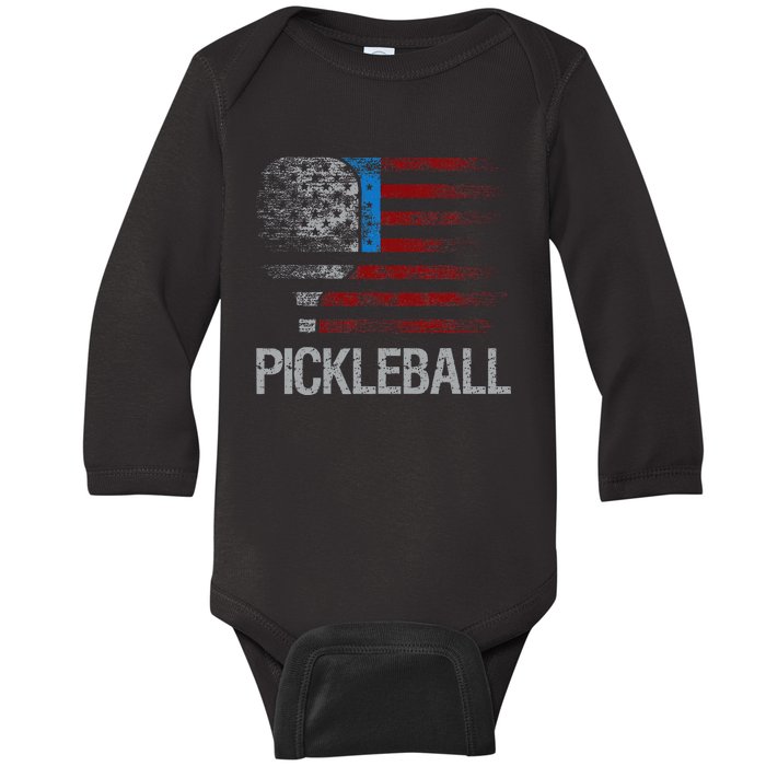 Us Flag Pickleball Player Paddleball Lover Baby Long Sleeve Bodysuit