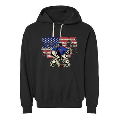 US Flag Patriotic American Hockey Player Ice Hockey Garment-Dyed Fleece Hoodie