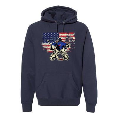 US Flag Patriotic American Hockey Player Ice Hockey Premium Hoodie