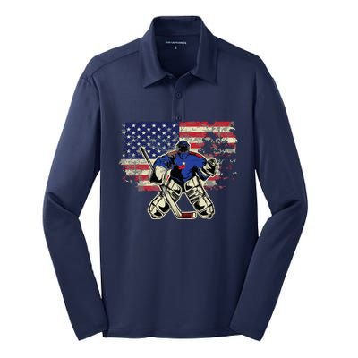 US Flag Patriotic American Hockey Player Ice Hockey Silk Touch Performance Long Sleeve Polo