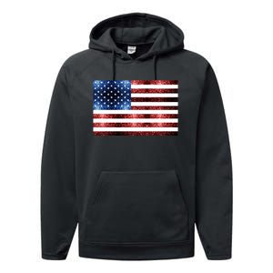 Usa Flag Red Blue Faux Sparkles Glitters Performance Fleece Hoodie