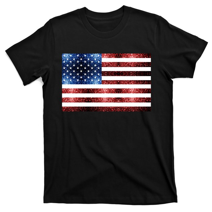 Usa Flag Red Blue Faux Sparkles Glitters T-Shirt