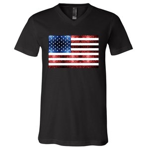 Usa Flag Red Blue Faux Sparkles Glitters V-Neck T-Shirt