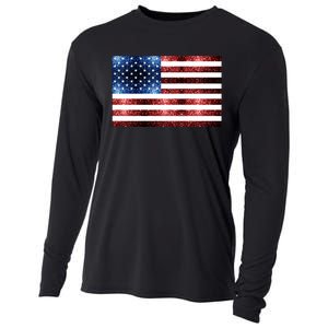 Usa Flag Red Blue Faux Sparkles Glitters Cooling Performance Long Sleeve Crew