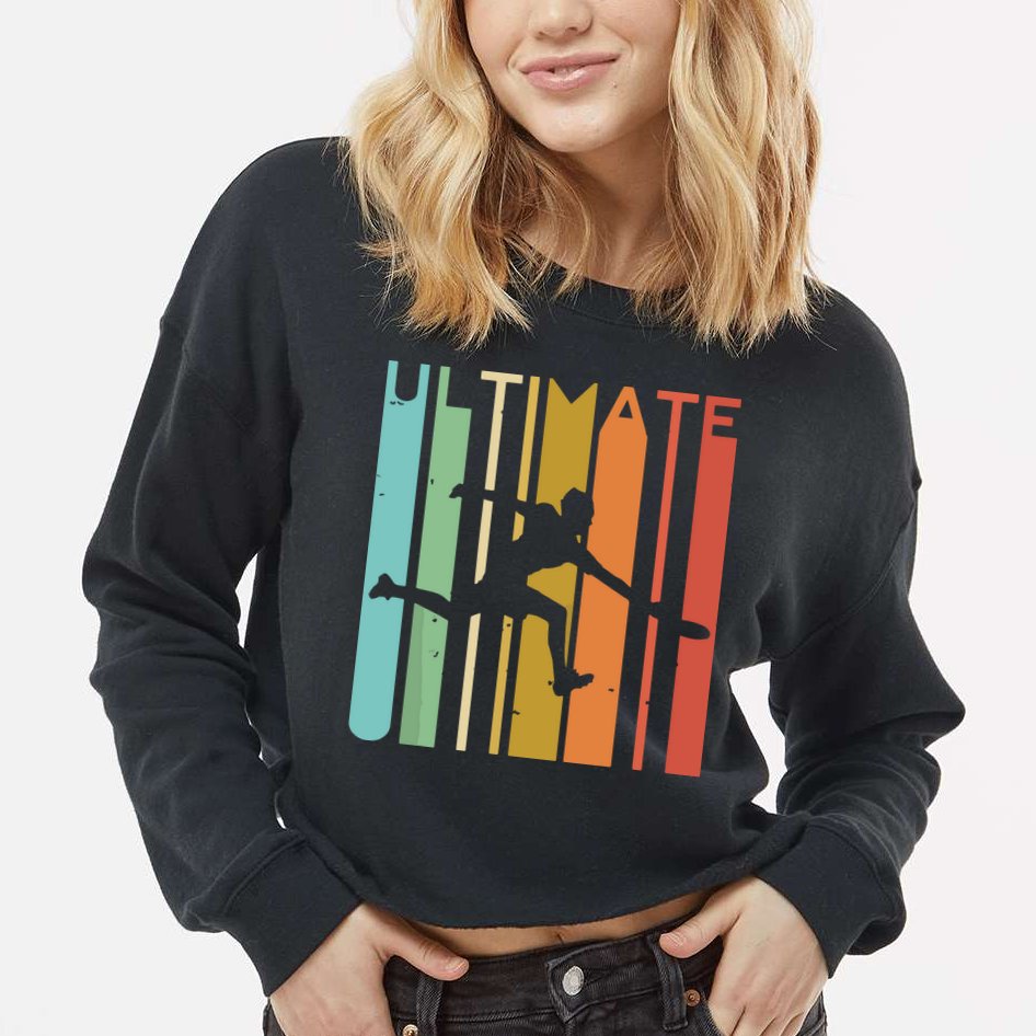 Ultimate Frisbee Retro Player Flying Disc Throwing Cropped Pullover Crew