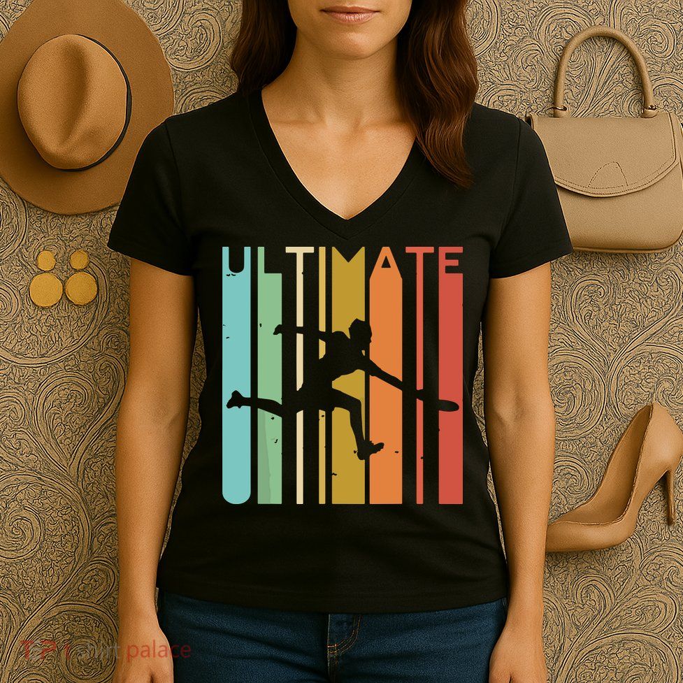 Ultimate Frisbee Retro Player Flying Disc Throwing Women's V-Neck T-Shirt