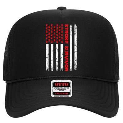 Usa Flag Stroke Survivor Awareness Red Ribbon Brain Attack High Crown Mesh Back Trucker Hat