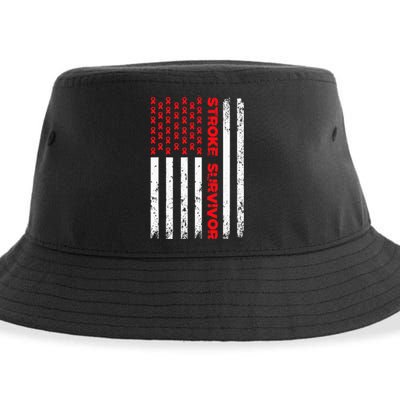 Usa Flag Stroke Survivor Awareness Red Ribbon Brain Attack Sustainable Bucket Hat