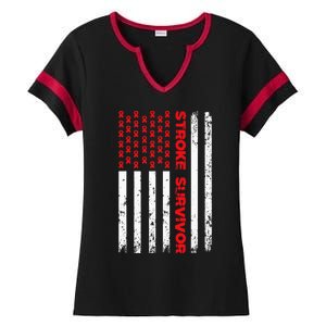 Usa Flag Stroke Survivor Awareness Red Ribbon Brain Attack Ladies Halftime Notch Neck Tee