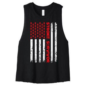 Usa Flag Stroke Survivor Awareness Red Ribbon Brain Attack Women's Racerback Cropped Tank