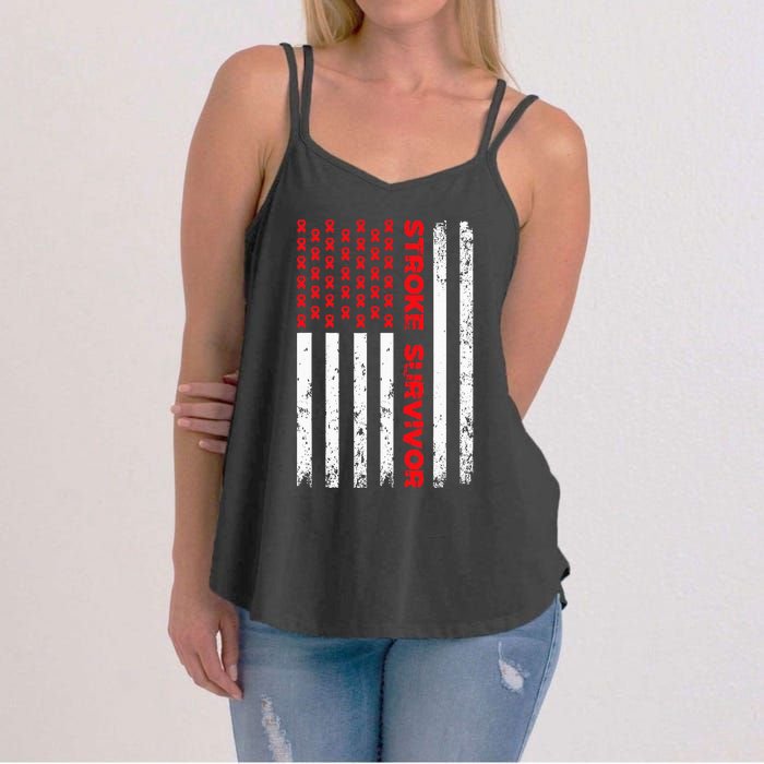 Usa Flag Stroke Survivor Awareness Red Ribbon Brain Attack Women's Strappy Tank