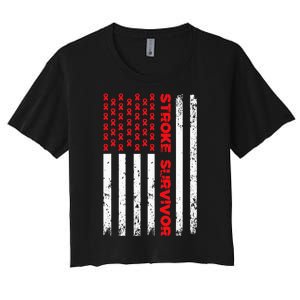 Usa Flag Stroke Survivor Awareness Red Ribbon Brain Attack Women's Crop Top Tee