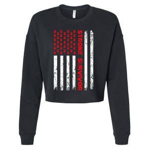 Usa Flag Stroke Survivor Awareness Red Ribbon Brain Attack Cropped Pullover Crew