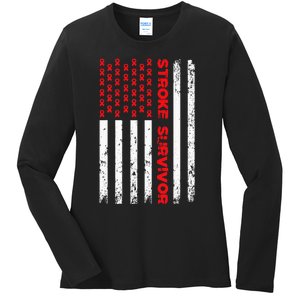 Usa Flag Stroke Survivor Awareness Red Ribbon Brain Attack Ladies Long Sleeve Shirt