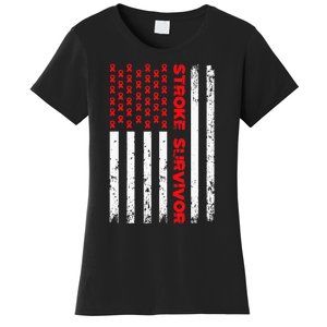 Usa Flag Stroke Survivor Awareness Red Ribbon Brain Attack Women's T-Shirt