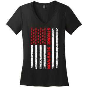 Usa Flag Stroke Survivor Awareness Red Ribbon Brain Attack Women's V-Neck T-Shirt