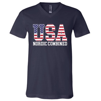 USA Flag Skier American USA Nordic Combined V-Neck T-Shirt