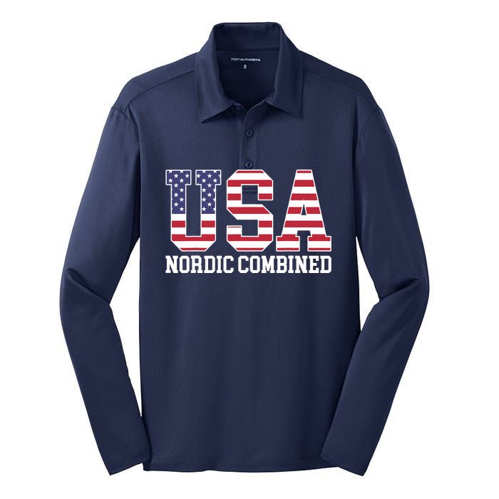 USA Flag Skier American USA Nordic Combined Silk Touch Performance Long Sleeve Polo