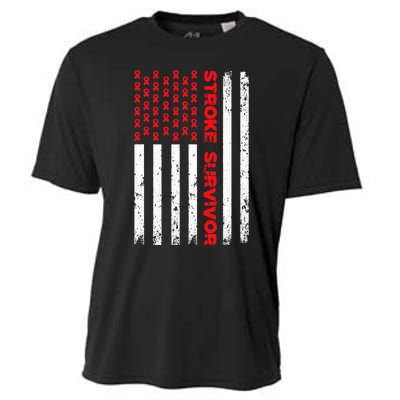 USA Flag Stroke Survivor Awareness Red Ribbon Brain Attack Cooling Performance Crew T-Shirt