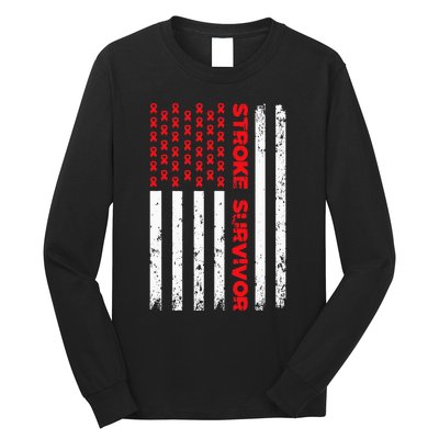 USA Flag Stroke Survivor Awareness Red Ribbon Brain Attack Long Sleeve Shirt