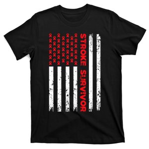 USA Flag Stroke Survivor Awareness Red Ribbon Brain Attack T-Shirt