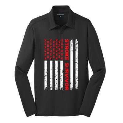 USA Flag Stroke Survivor Awareness Red Ribbon Brain Attack Silk Touch Performance Long Sleeve Polo