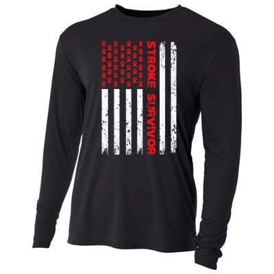 USA Flag Stroke Survivor Awareness Red Ribbon Brain Attack Cooling Performance Long Sleeve Crew