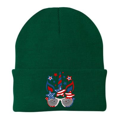 Unicorn Face Sunglasses As American Flag 4th July Patriotic Knit Cap Winter Beanie