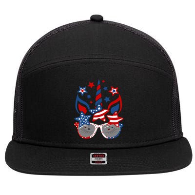 Unicorn Face Sunglasses As American Flag 4th July Patriotic 7 Panel Mesh Trucker Snapback Hat