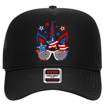 Unicorn Face Sunglasses As American Flag 4th July Patriotic High Crown Mesh Back Trucker Hat