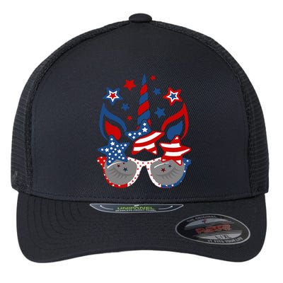 Unicorn Face Sunglasses As American Flag 4th July Patriotic Flexfit Unipanel Trucker Cap