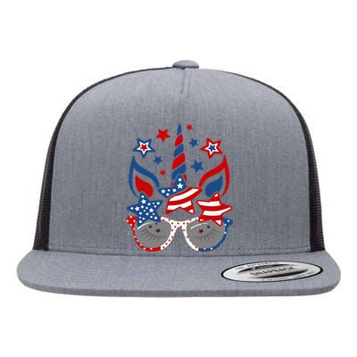 Unicorn Face Sunglasses As American Flag 4th July Patriotic Flat Bill Trucker Hat