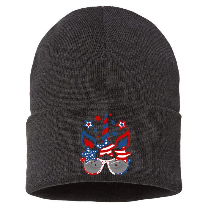 Unicorn Face Sunglasses As American Flag 4th July Patriotic Sustainable Knit Beanie