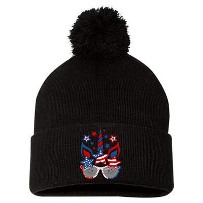 Unicorn Face Sunglasses As American Flag 4th July Patriotic Pom Pom 12in Knit Beanie