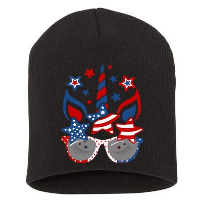 Unicorn Face Sunglasses As American Flag 4th July Patriotic Short Acrylic Beanie