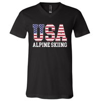 USA Flag Skier American USA Alpine Skiing V-Neck T-Shirt