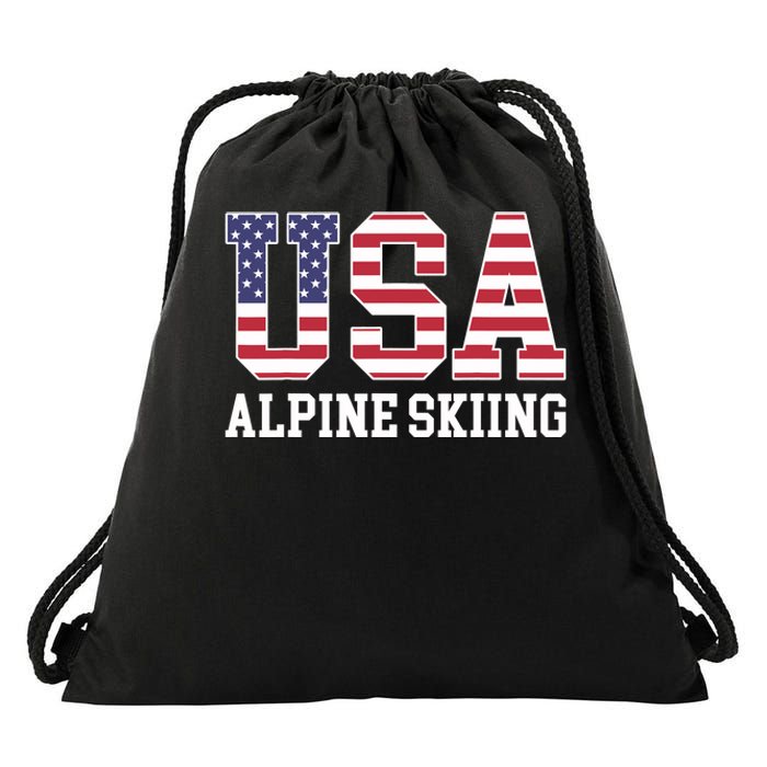 USA Flag Skier American USA Alpine Skiing Drawstring Bag