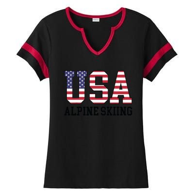 USA Flag Skier American USA Alpine Skiing Ladies Halftime Notch Neck Tee