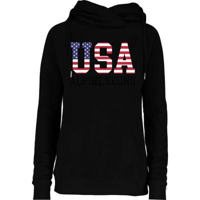 USA Flag Skier American USA Alpine Skiing Womens Funnel Neck Pullover Hood