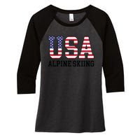 USA Flag Skier American USA Alpine Skiing Women's Tri-Blend 3/4-Sleeve Raglan Shirt