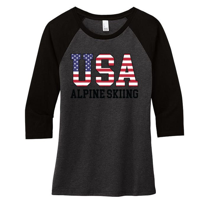 USA Flag Skier American USA Alpine Skiing Women's Tri-Blend 3/4-Sleeve Raglan Shirt