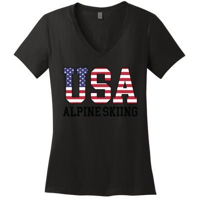 USA Flag Skier American USA Alpine Skiing Women's V-Neck T-Shirt