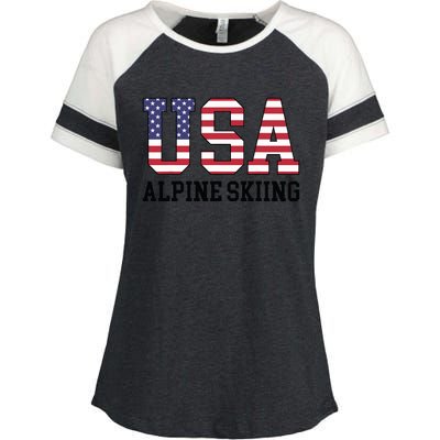 USA Flag Skier American USA Alpine Skiing Enza Ladies Jersey Colorblock Tee