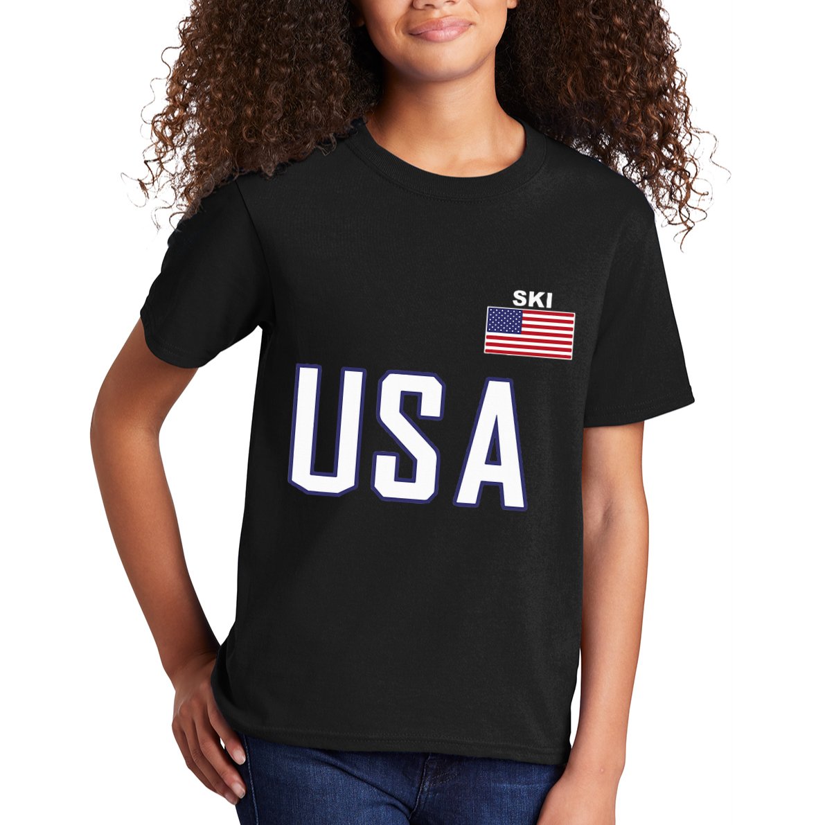 Usa Flag Skiing Team Cool Ski Equipment For Skier Kids T-Shirt
