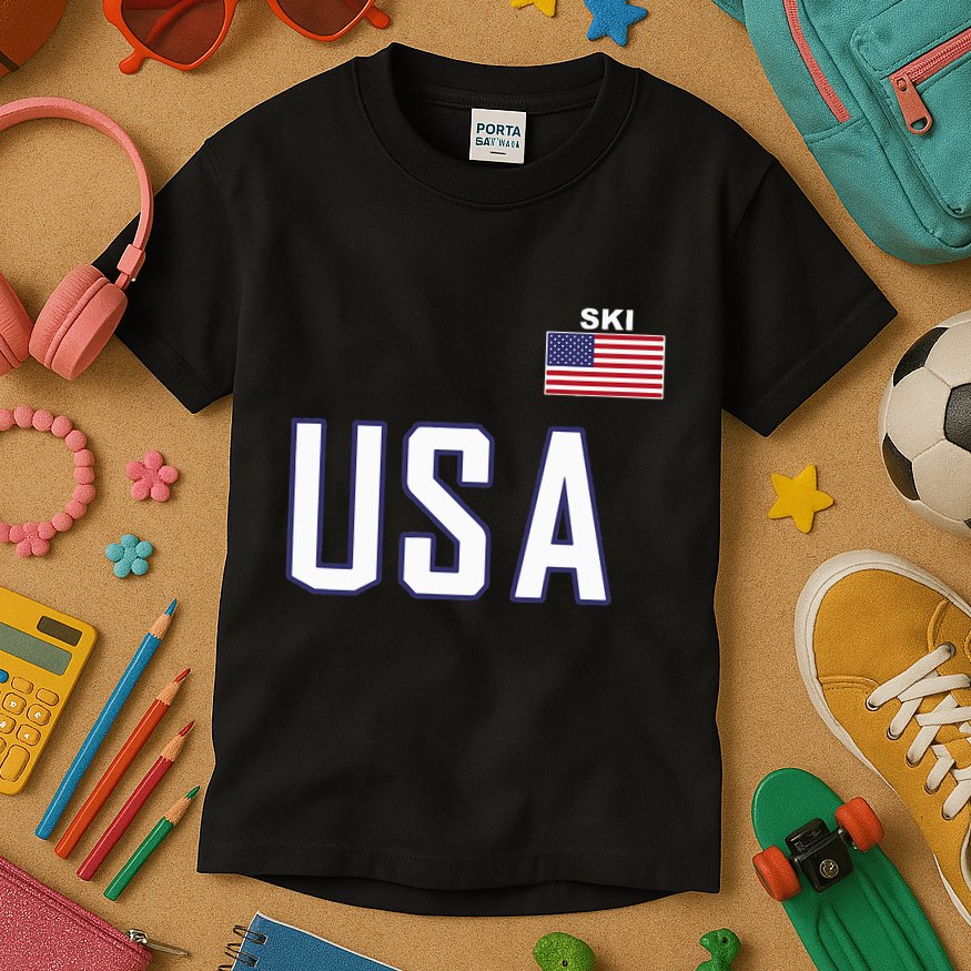 Usa Flag Skiing Team Cool Ski Equipment For Skier Kids T-Shirt