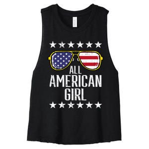 US Flag Sunglasses American All Memorial Day Family Women's Racerback Cropped Tank