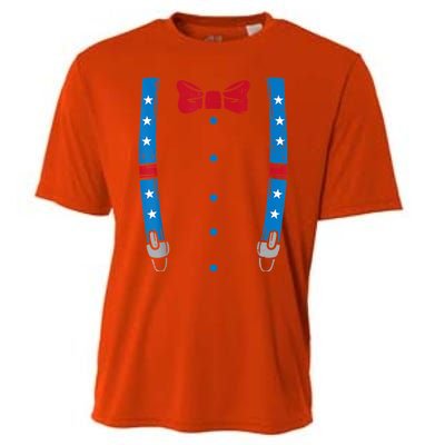 US Flag Suspenders Bow Tie Boy 4th Of July Kids Cooling Performance Crew T-Shirt