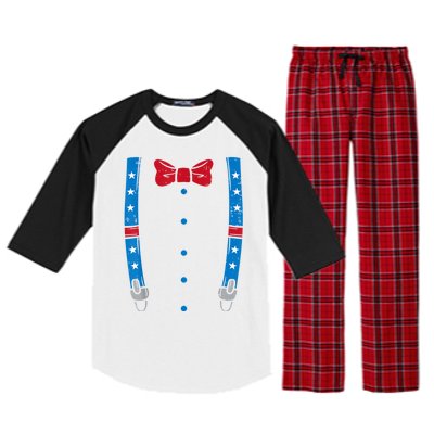 US Flag Suspenders Bow Tie Boy 4th Of July Kids Raglan Sleeve Pajama Set